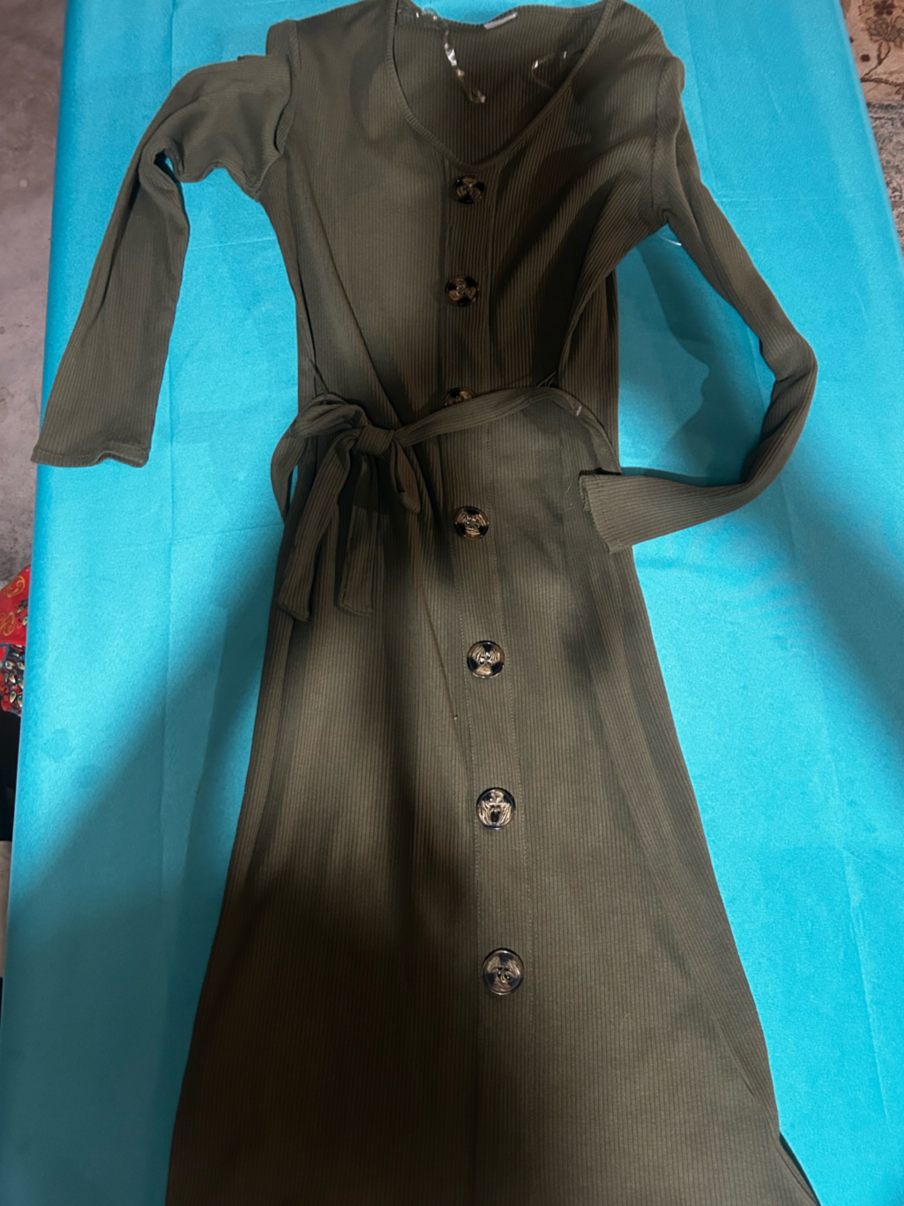 Olive Green Ribbed Button-Front Tie-Waist Women’s Dress W/Free Necklace (11/13)
